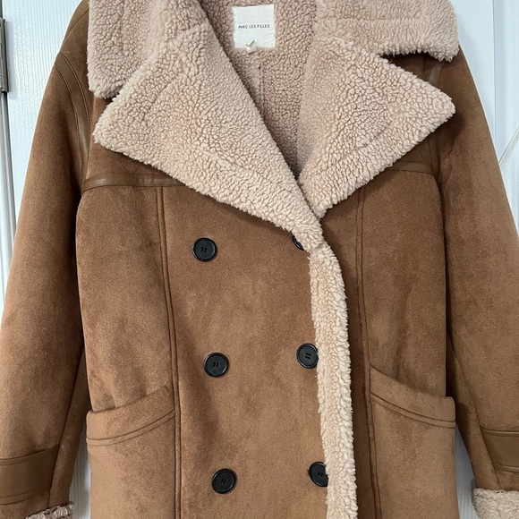 AVEC LES FILLES DOUBLE-BREASTED FAUX SHEARLING COAT FAUX LEATHER - Picture 8 of 13